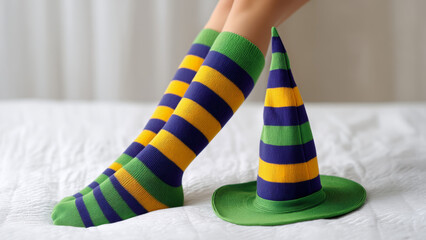 Colorful striped socks and matching witch hat create fun family halloween costume perfect for festive celebrations and cozy moments together
