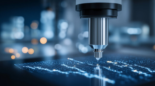 Atomic force microscopes probe atoms in a nanotechnology lab with tips scanning forces graphing images rendering on computers and samples on stages shown in a nanoscale photo