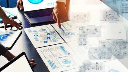 Group of business people meeting in office with digital technology concept