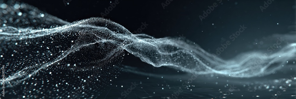 Poster abstract representation of flowing particles creating a wave-like motion in a dark background illumi
