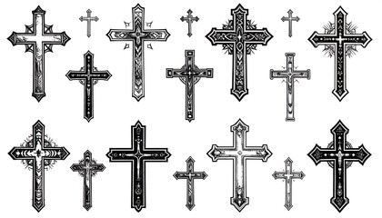 Various ornate black and white crosses