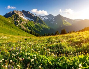 Obraz premium Lush alpine meadow at sunset