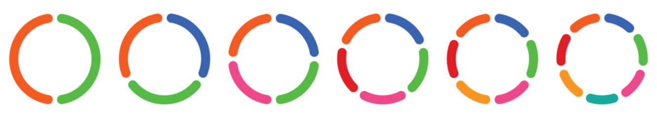 circle division infographic icon set. pie chart, circle icons and circle diagram. pie chart and circle divided 3,4,5,6,7 equal parts. color ring, donut round diagram. vector illustration and PNG file