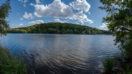 plan d'eau naturel en forêt sous ciel bleu