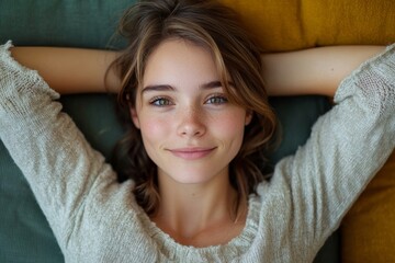 Close-up portrait of a serious woman in glasses looking confidently at the camera at home, Generative AI