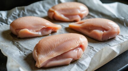 Obraz premium Raw Chicken Breasts on a Baking Sheet with Parchment