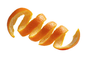 Fresh orange spiral peel isolated on transparent or white background, png