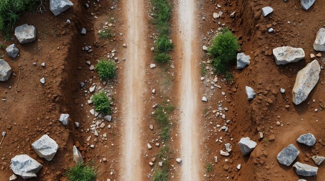 Tire Tracks on Dry Soil with Grass and Rocks