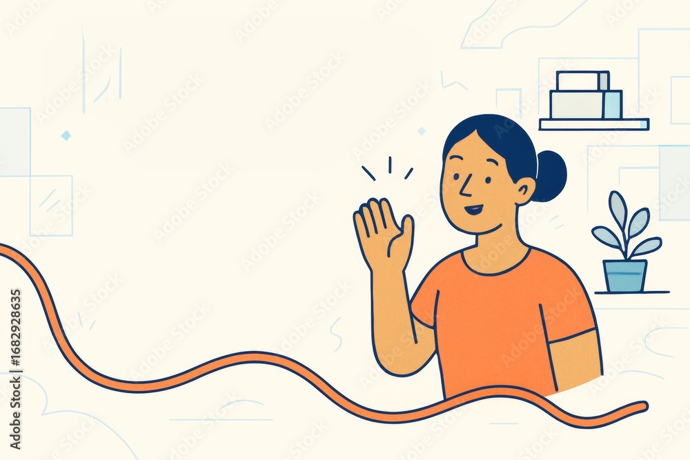 Poster cartoon woman waving hand with cheerful expression in minimal office setting on light background wit