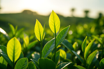 &ldquo;Fresh Green Tea Leaf on a sunny day". the image was generated by ai