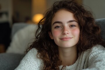 Smiling brunette girl with curly hair sitting on a sofa at home, looking away thoughtfully in a close-up shot, Generative AI
