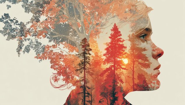 Woman profile, forest doubles