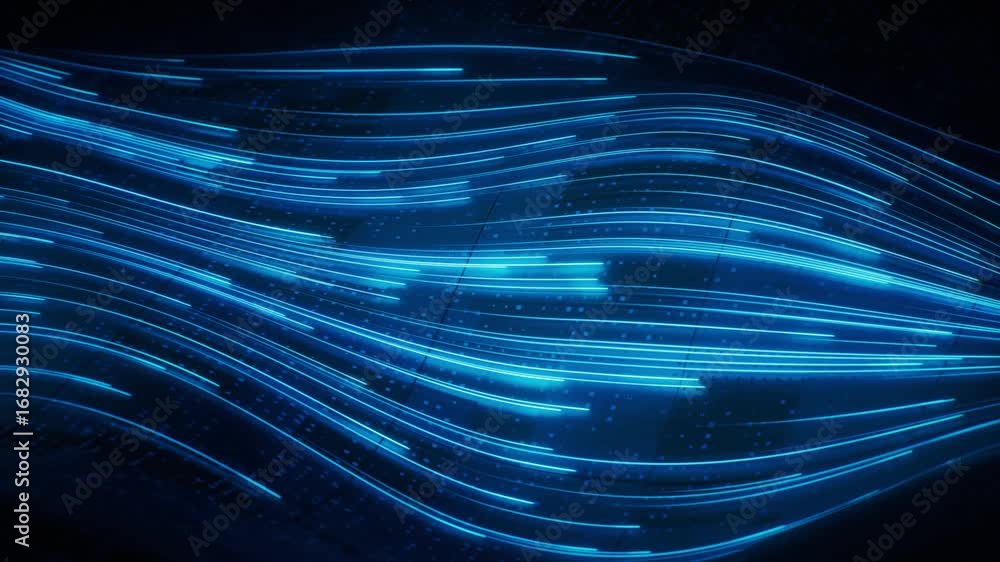 Aufkleber flowing curve lines with technical board background, 3d rendering.