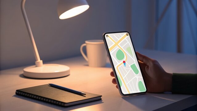 Smartphone Displaying Navigation Map on Desk with Lamp and Coffee