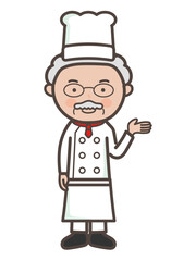 説明や案内をするイメージのベテラン男性シェフの全身イラスト