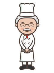 接客ポーズで出迎えるベテラン男性シェフの全身イラスト