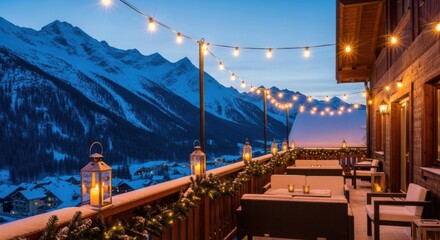 Cozy Mountain Chalet Balcony With Evening Lights and Snow Covered Peaks