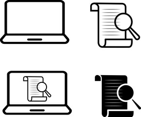 Document Search and Analysis Vector Icon Set with Laptop and Magnifying Glass