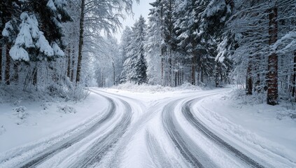 Obraz premium Snowy winter crossroads in a forest. Two paths diverge. Frozen, snow-covered roadway. Trees laden with snow. Tranquil, serene winter scene