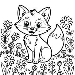 Obraz premium Adorable cartoon fox sitting among flowers coloring page nature cute
