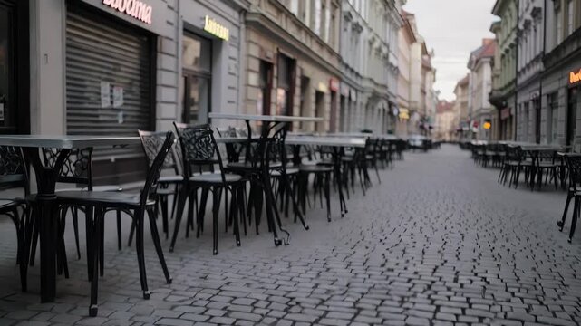The empty chairs line the cobblestone street while the chairs create shadows on the ground. The street stretches past the chairs and displays shuttered storefronts.