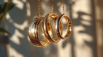 Three gold rings hanging on chains