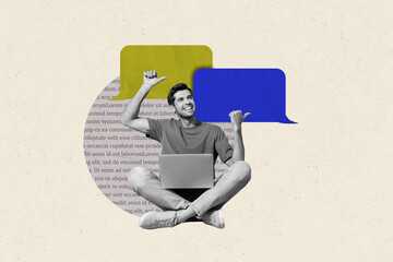 Composite zine pop trend collage of happy girl guy stand colorful bubble communication speech chatterbox notification cloud