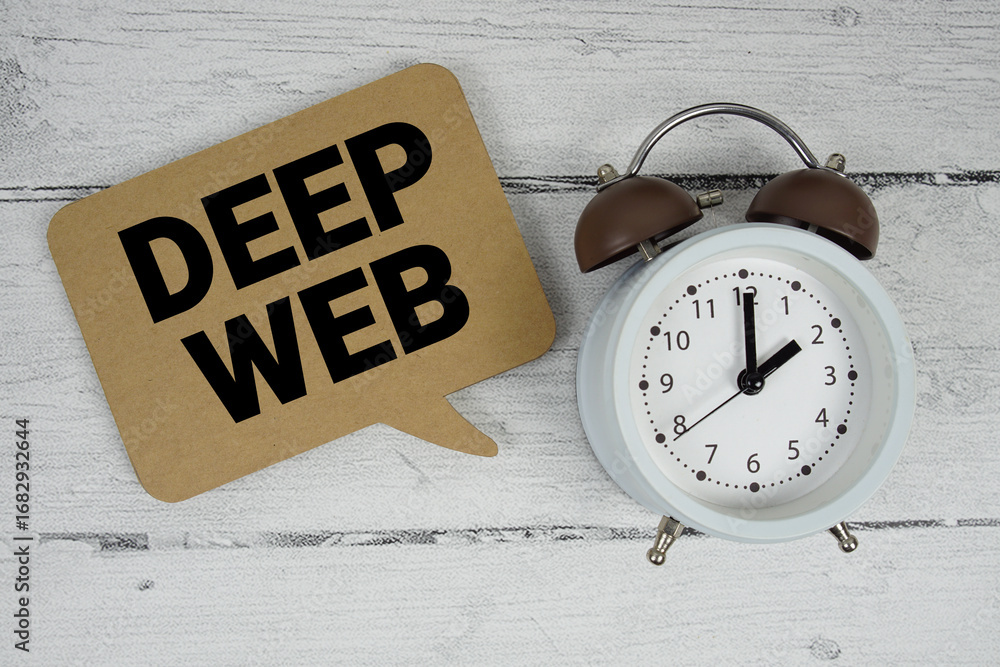 Poster deep web text with alarm clock on wooden background