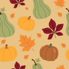 Seamless pattern with pumpkins, berries and colorful leaves. Autumn ornament. Thanksgiving day concept.