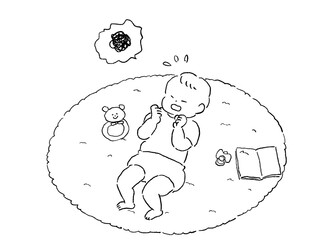 
マットの上でぐずる、泣く、子供、赤ちゃん、ラトル、おもちゃ、絵本、おしゃぶり、線画