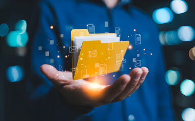 Digital data organization and management concept with glowing folders