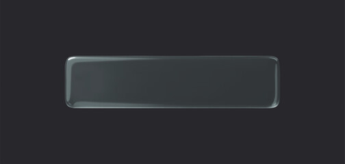 Glass rectangle transparent button on dark background. 3d vector realistic ui icon.