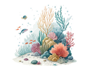 Underwater Watercolor Coral Reef and Sea Plants Illustration © Tanvir Rana