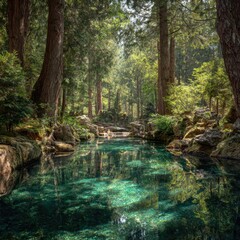 Tranquil forest stream reflecting trees