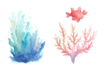Fototapeta premium Underwater Watercolor Coral Reef and Sea Plants Illustration