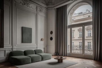 Apartment interior with minimalist furniture, soft lighting and city view, modern luxury decoration