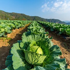Naklejka premium Lush cabbage field against mountains