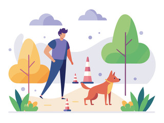 Man walking dog in park scene with trees and clouds flat art style