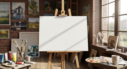 Artist's studio with blank canvas on easel, paint tubes, brushes, palette, and paintings on the brick wall.