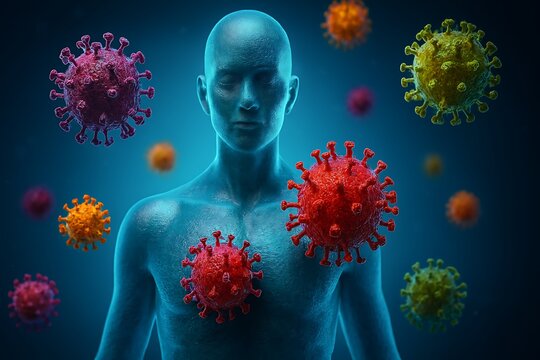 3D Medical Illustration of Human Body with Colorful Virus Particles