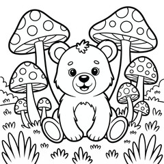 Cute cartoon bear sitting among spotted mushrooms and grass teddy bear animal
