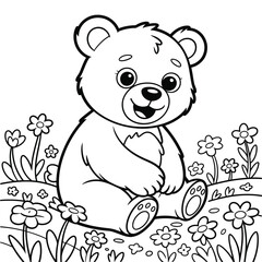 Fototapeta premium Cute cartoon bear sitting in a field of flowers coloring page illustration drawing