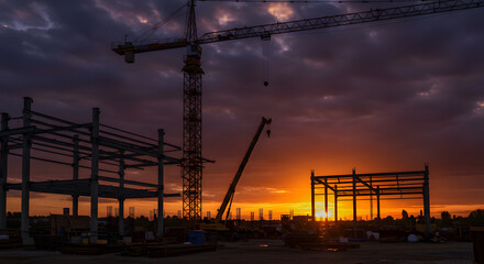A construction site featuring steel frameworks and a crane set against a warm golden sunset. Represents industrial progress, building development, infrastructure projects, engineering, and the beauty 