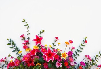 Fototapeta premium White wall, vibrant floral arrangement, leafy accents, aesthetic, petals