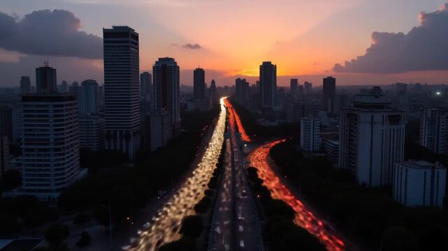 Aerial Landscape of Time Lapse Traffic in Sunset City Sao Paulo in Brazil . Awesome Scenery.