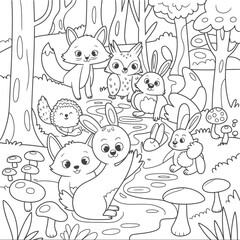 Enchanting forest scene with cute woodland animals and mushrooms cartoon