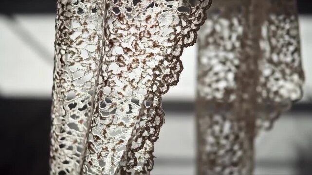 Close-up of delicate lace, light beige and white, with intricate patterns and textures