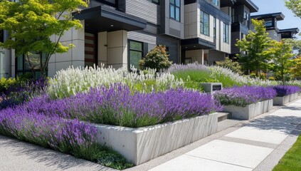 Modern townhomes with vibrant lavender gardens.  Landscaped beds, featuring purple and white lavender.  Stylish concrete planters.  Sunny day