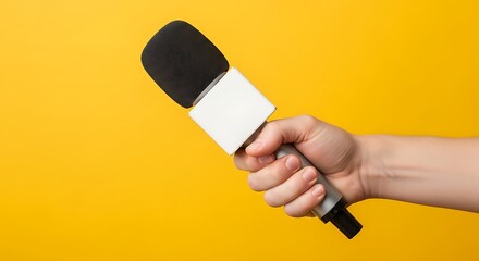 A reporter's hand holding a professional microphone for a press interview or broadcast, symbolizing media, communication, and public speaking