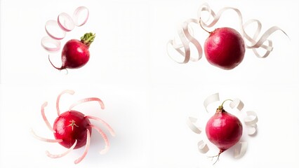 A series of four photographs red apple background movement elements scene style emotion cartoonish frame composition layers motion illustration design creative backgrounds colorful